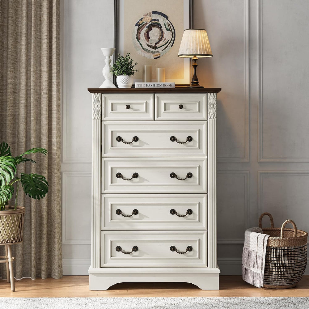 BLANKSPACE Farmhouse Dresser with 6 Drawers, Antique White Dresser for Bedroo...