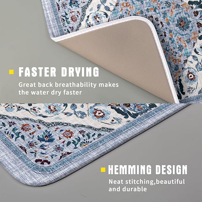 Boho Flower Dish Drying Mat Blue Bohemian Dishes Drainer Rack Mat 16x18 Inch - Image 3