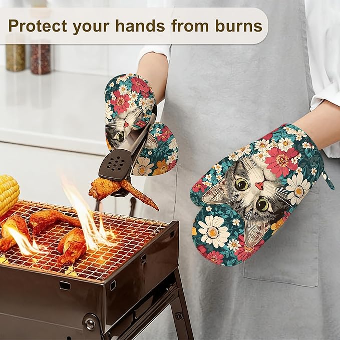 Cute Cat Oven Mitts and Pot Holders Set of 4, Blooming Colorful Flowers Kitchen - Image 6