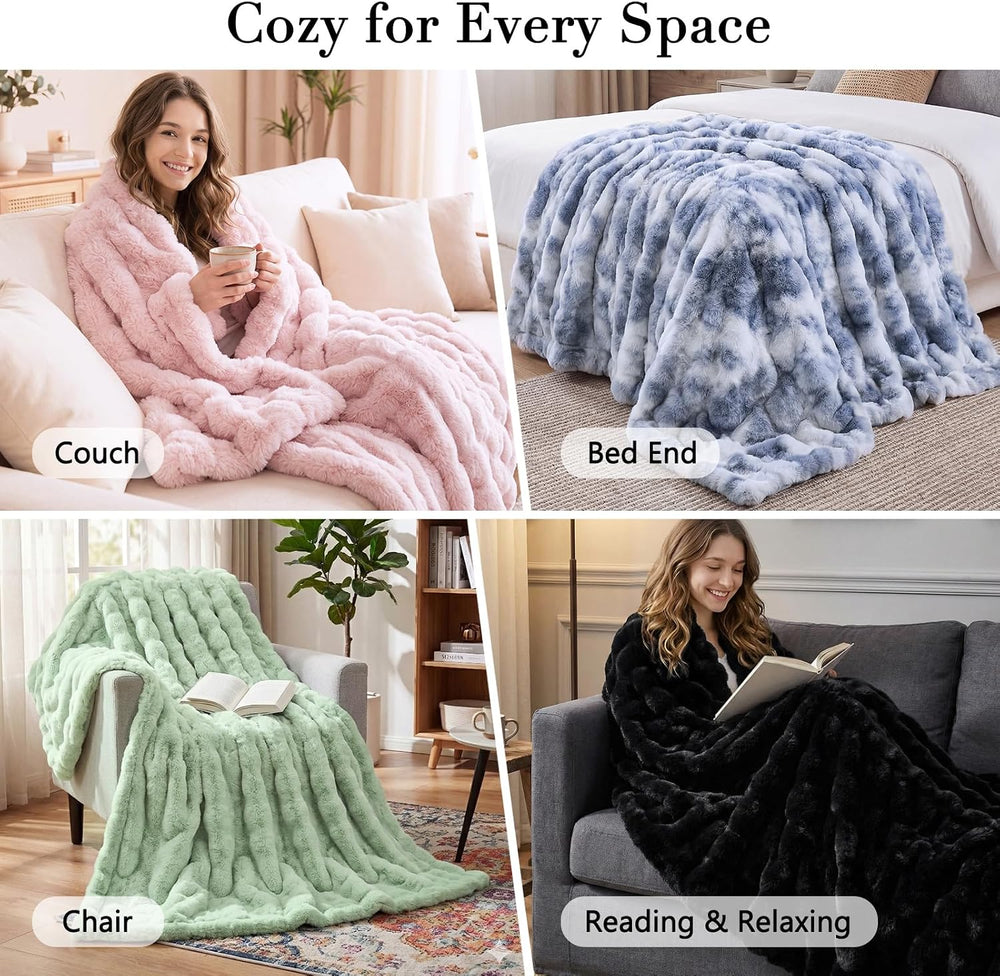 Black Faux Fur Throw Blanket for Couch Bed Fuzzy Plush Fluffy Soft Blanket fo...