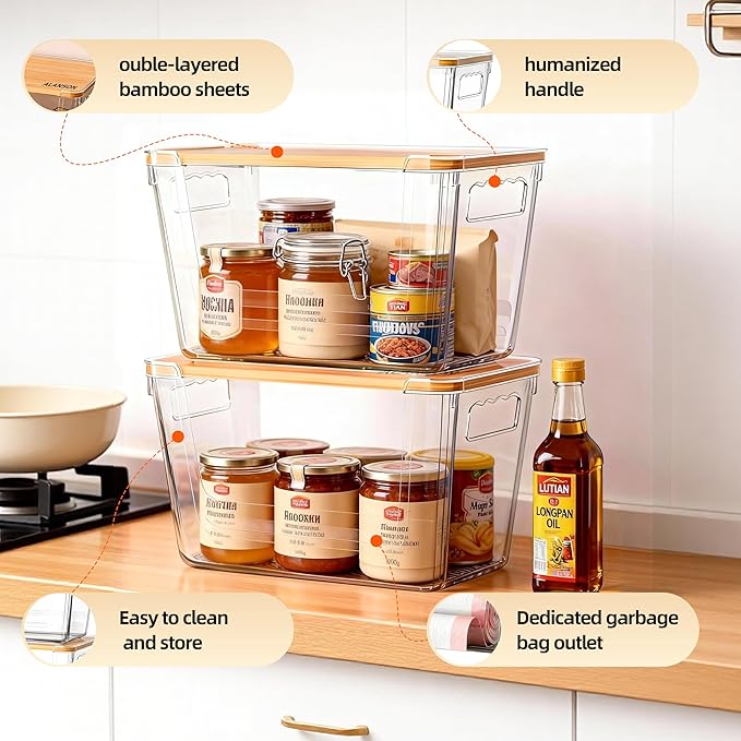 4 Pack Clear Storage Bins with Bamboo Lid, Garbage Bag Dispenser, Pantry