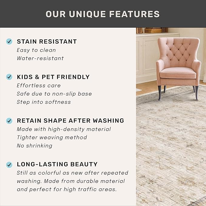 Washabel Lvory Modern Rugs for Living Room, 9x12 Low Pile Floral Carpet for - Image 5