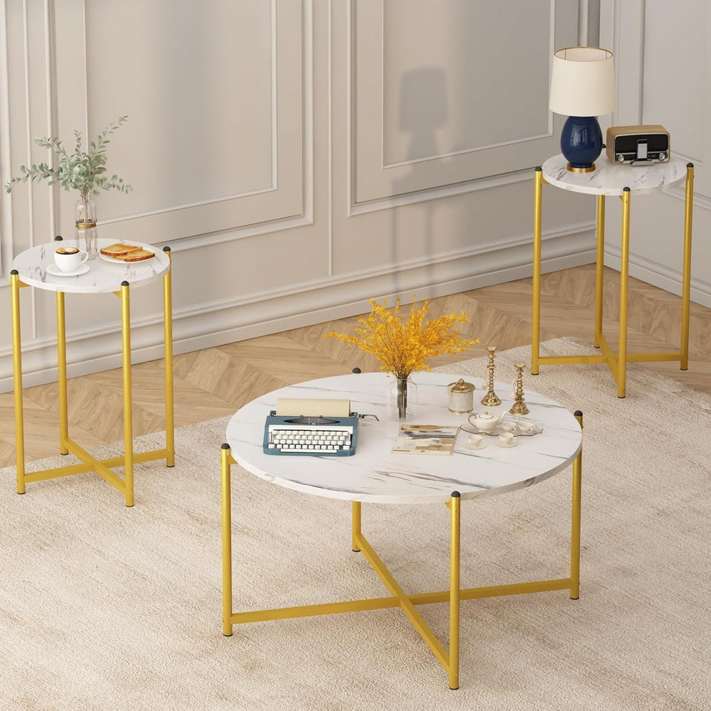 AWQM Faux Marble Coffee Table Set of 3, 1 Coffee Table & 2 Sofa Table, Ro...