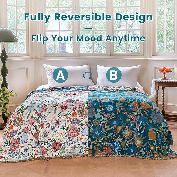 MSGKV Boho Throw Blanket 60"x80" Bed Floral 100% Cotton Blanket Spring - Image 4