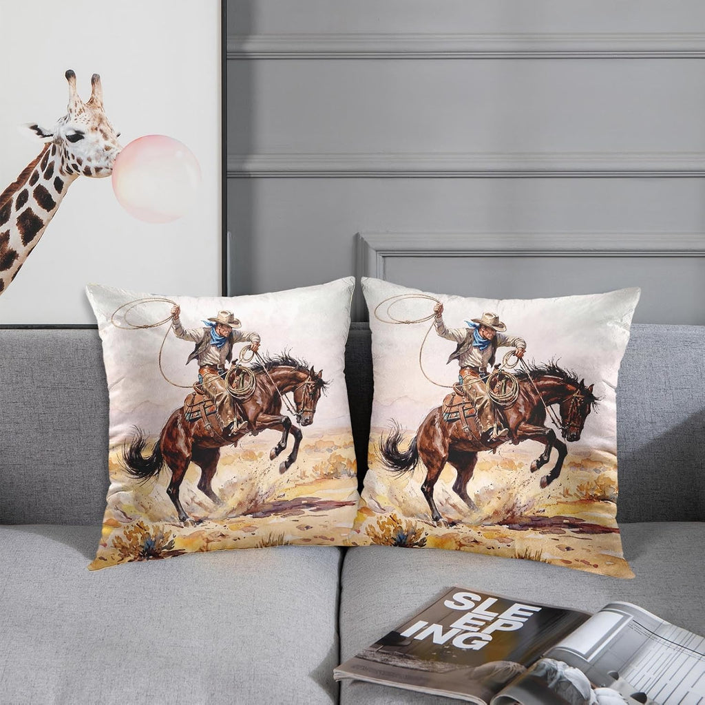 Emvency Throw Pillow Covers Set of 2, 18 x 18 Inch, Western Cowboy Vintage | Wild Horse Outdoor Decorative Square Pillow Cases Couch Cushion Case for Couch Bed Sofa Living Room Home Decor