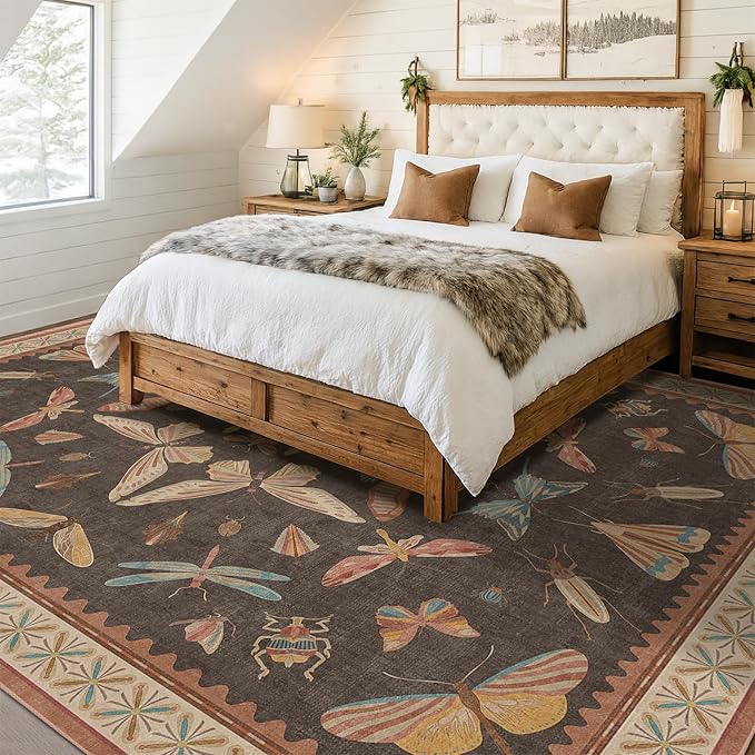 Brown Large 8x10 Living Room Area Rug, Unique Washable Insect Rugs - Image 6