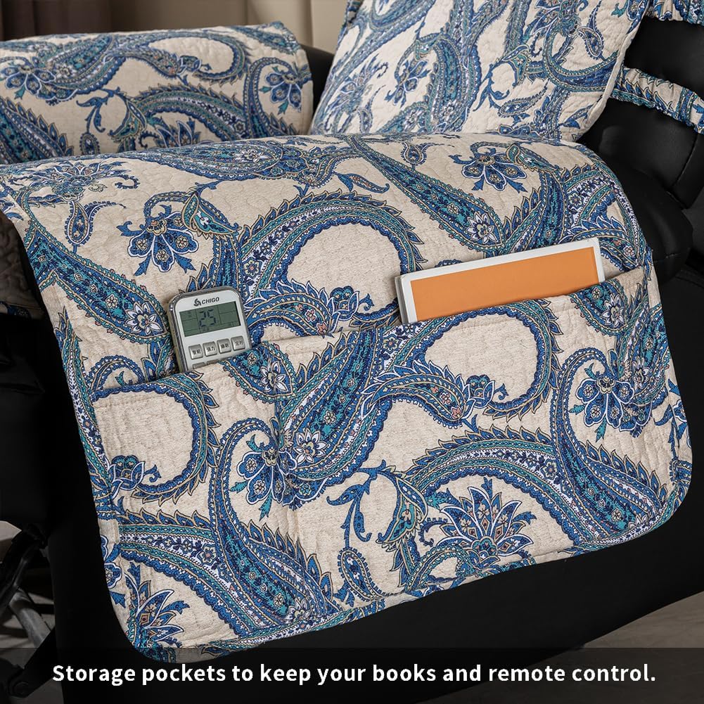 STONECREST Non Slip Recliner Chair Cover - Paisley Printing, Cotton Pre-Washed Recliner Cover, Embroidery Quilt Recliner Slipcover, Stay in Place (Blue, Recliner 25" Regular)