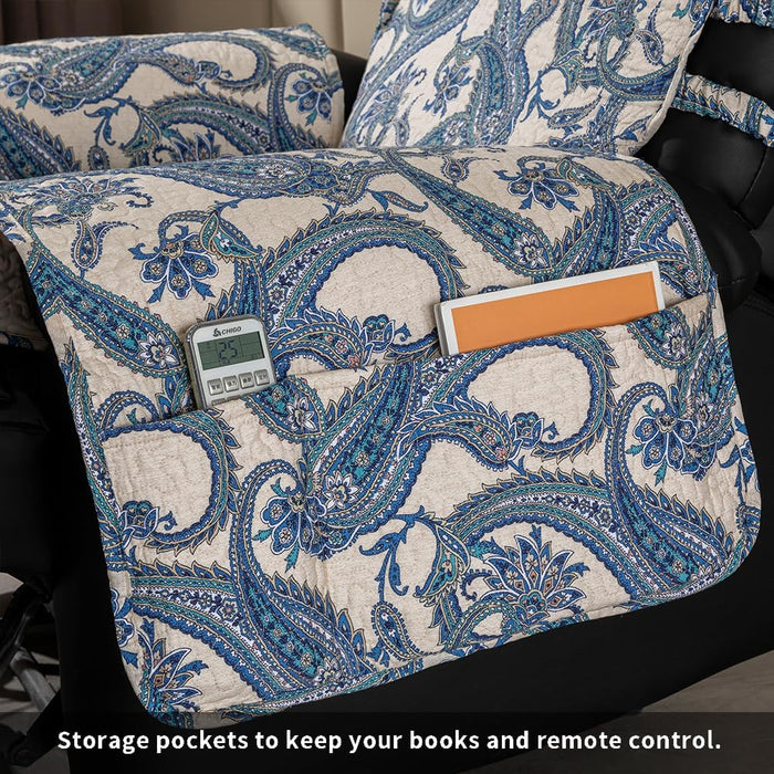 STONECREST Non Slip Recliner Chair Cover - Paisley Printing, Cotton Pre-Washed Recliner Cover, Embroidery Quilt Recliner Slipcover, Stay in Place (Blue, Recliner 25" Regular)