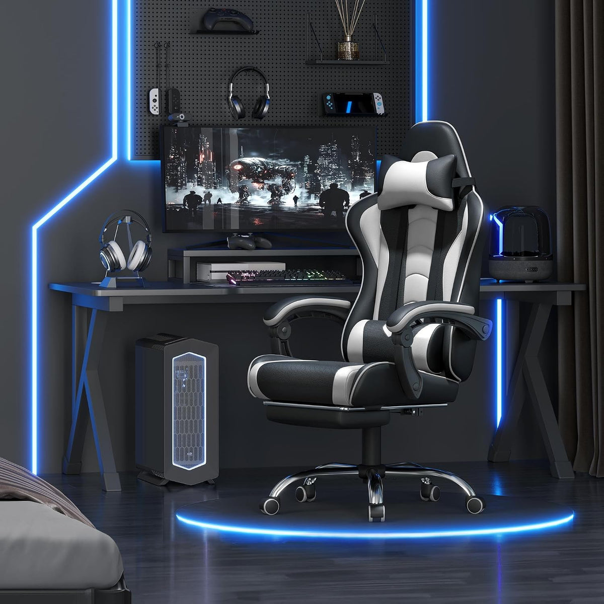 yaheetech gaming chair with footrest massage lumbar pillow shown in use