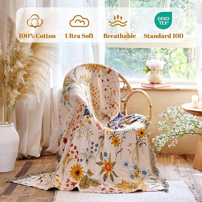 MSGKV Boho Throw Blanket for Bed 60"x80" Cotton Floral Twin Size Blanket - Image 2
