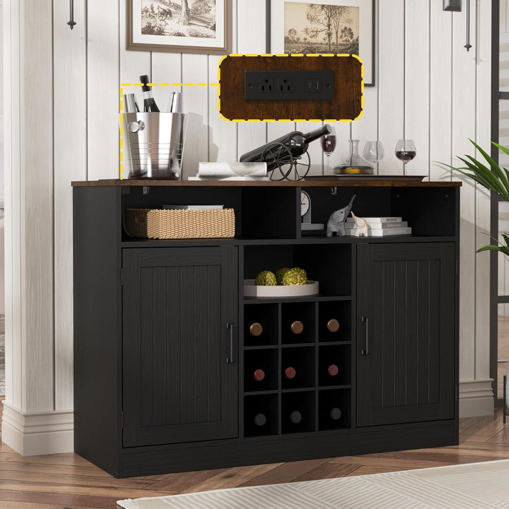 MHOM Farmhouse Coffee Bar Cabinet with Power Outlets, Rustic Buffet Sideboard...