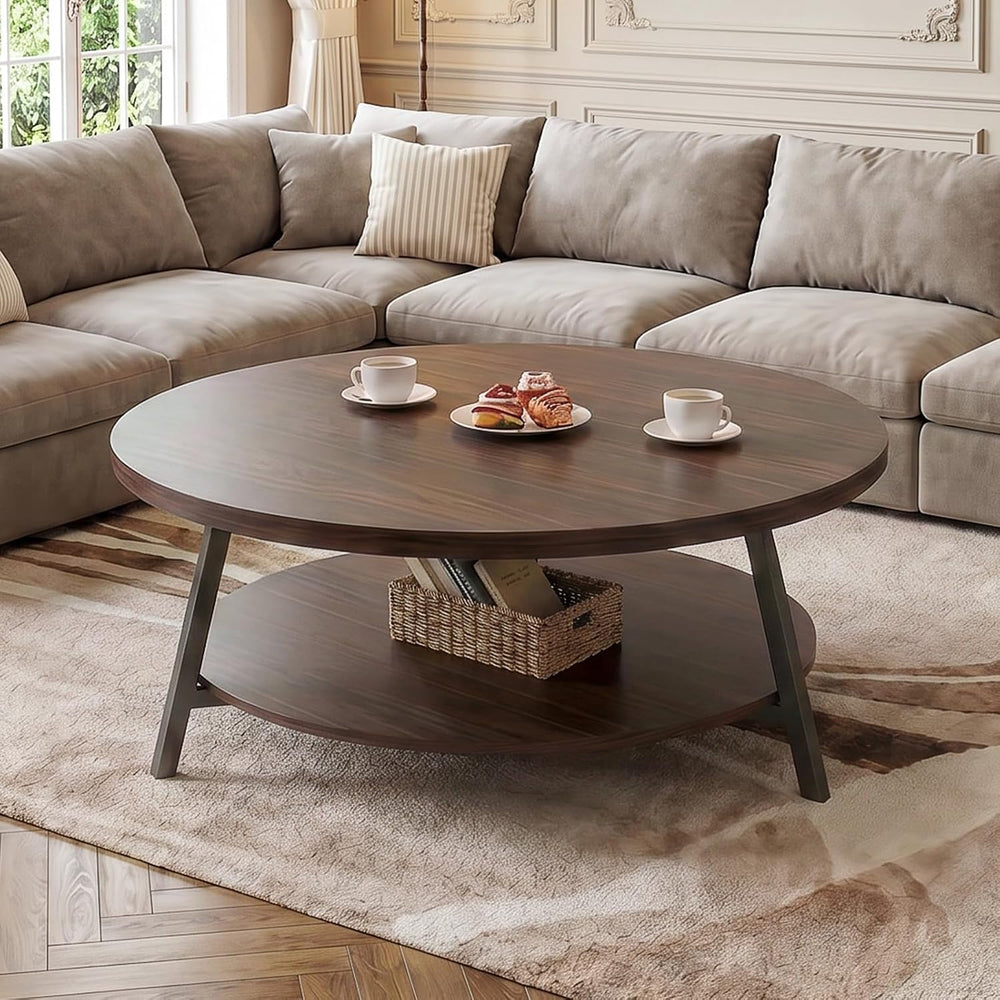 35.4" Round Wood Coffee Table with 2-Tier Storage, 1" Thick Top