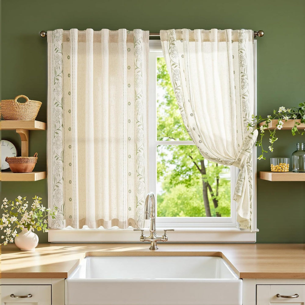 JINCHAN Green Floral Linen Kitchen Tier Curtains 45 Inch Back Tab 2 Panels