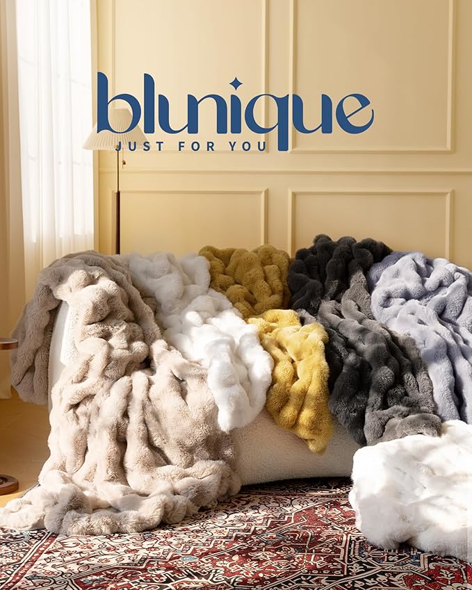 Ultra Soft Cozy Faux Fur Throw Blanket, Fuzzy Plush Thick Bubble Blanket - Image 9