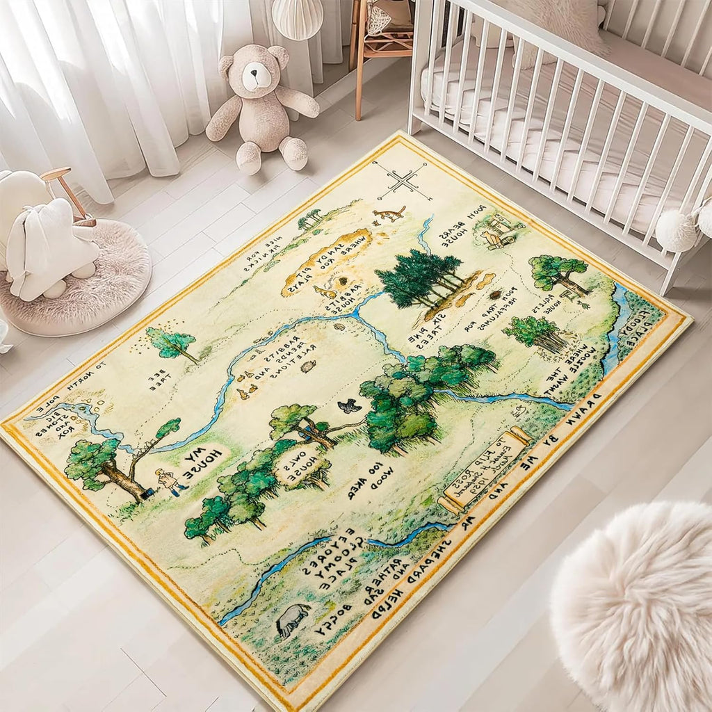 Estmy 8x10 Washable Nursery Rug, Cute Woodland Kids Play Mat for Girls Boys Neutral Soft Crawling Play Mat for Classroom Children Toddlers Bedroom Stain Resistant Easy to Clean, 100 Acre Wood Map Rug