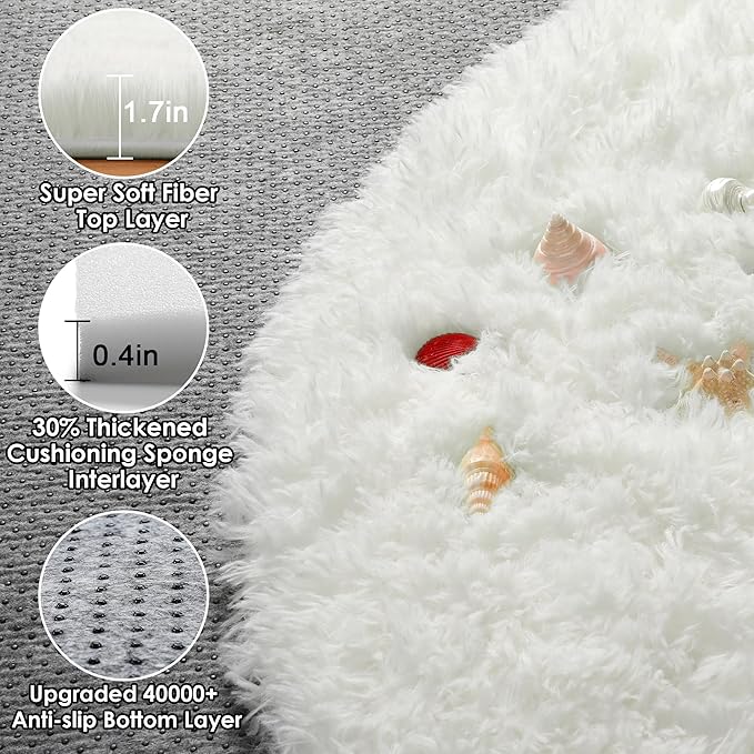 ONASAR Cream White Round Area Rug 4ft, Fluffy Ultra Soft Bedroom Circle Rugs - Image 2