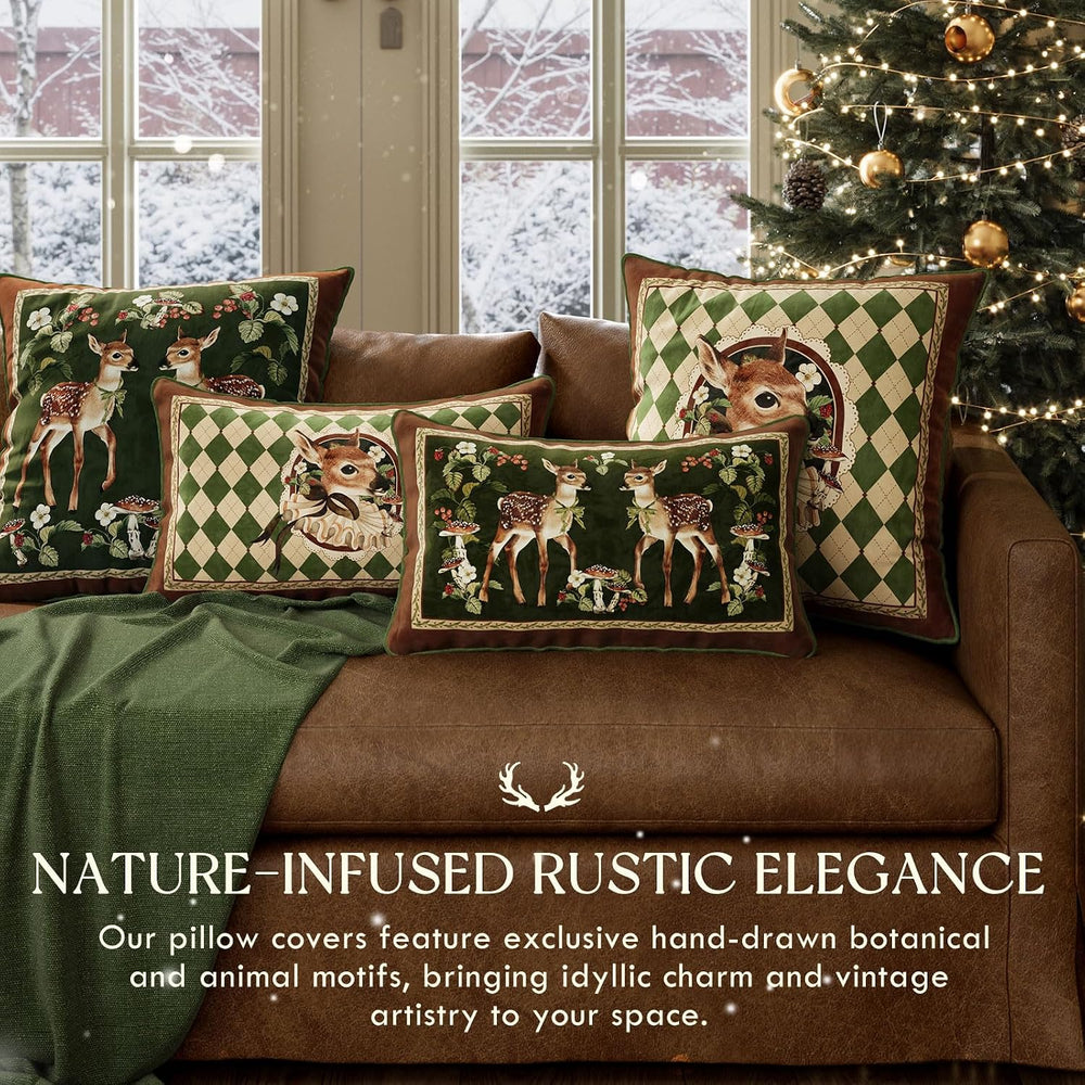 Vintage Christmas Pillow Cover 18x18, Holly Deer