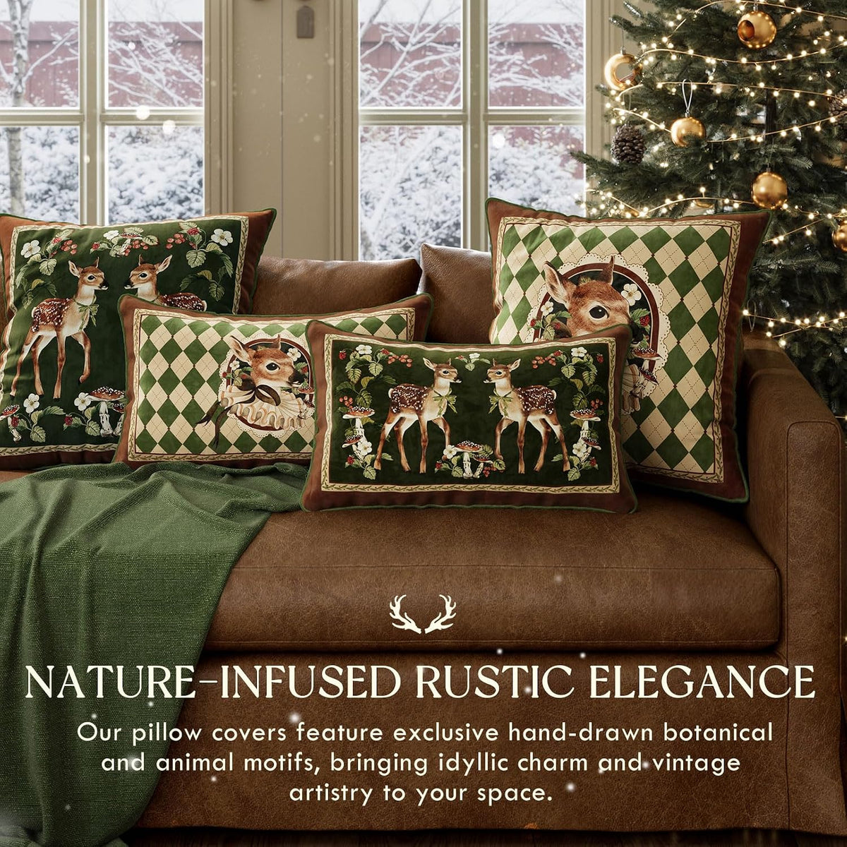 vintage christmas pillow cover 18x18, holly deer shown in use