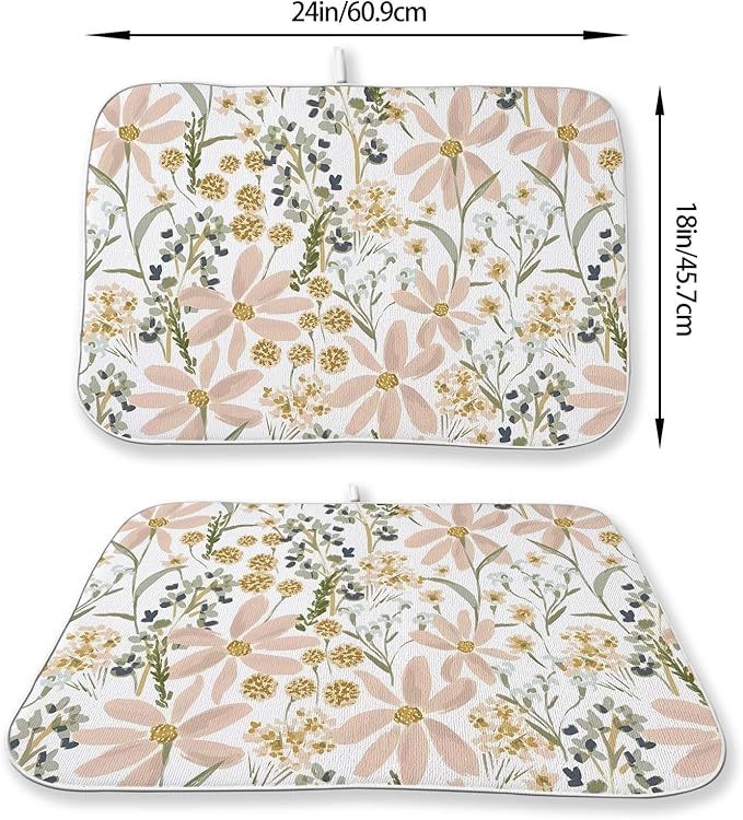 Floral Dish Drying Mat 18x24 Inch Vintage Pink Green Daisy Flower Drying Mat - Image 6