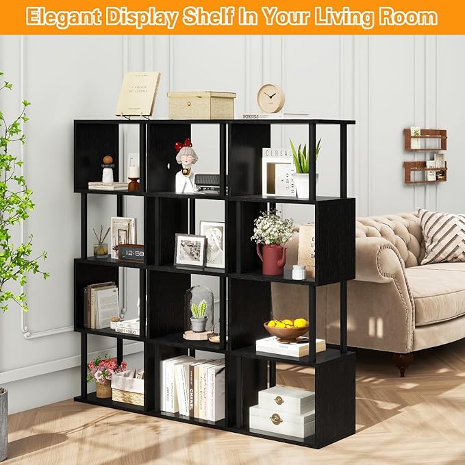 IBUYKE 5-Tier Tall Bookshelf,S-Shaped Geometric Bookcase, Wood Display Shelve...