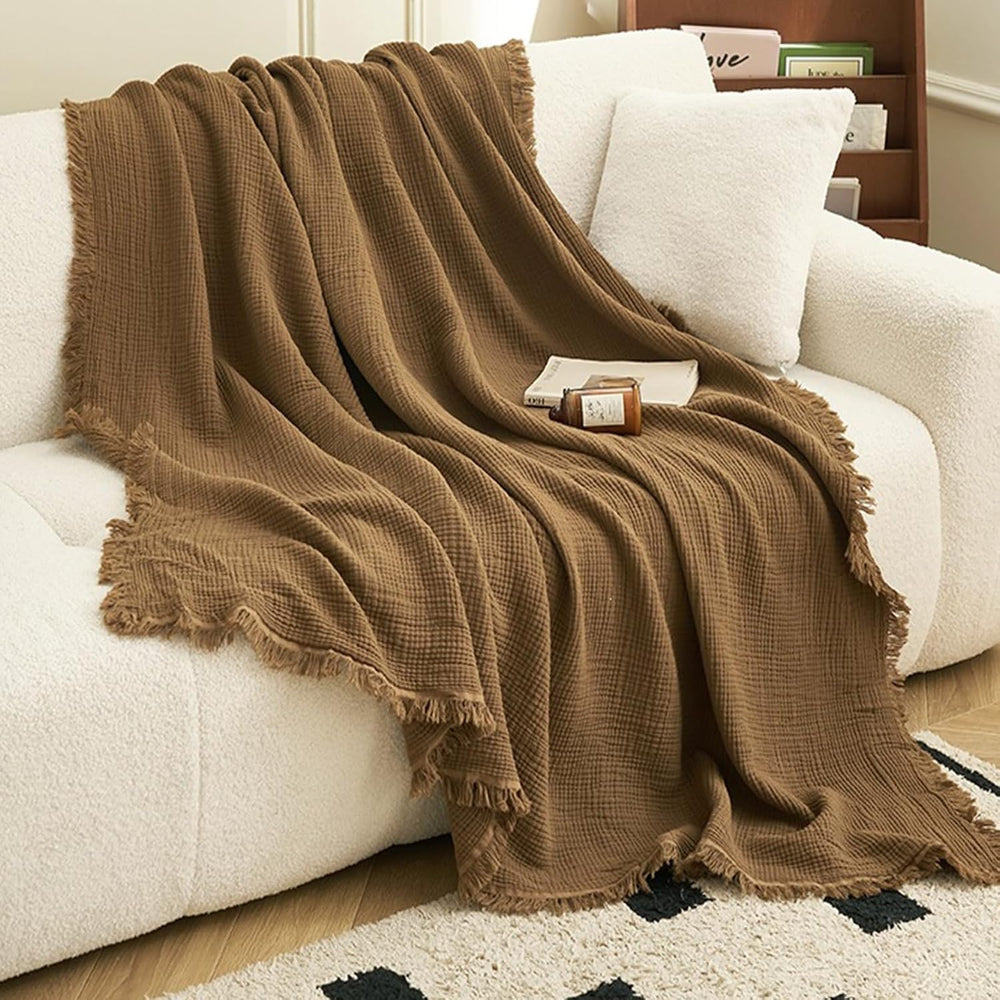 100% Cotton Muslin Throw Blanket with Fringes 50"x60", 4-Layer Cott...