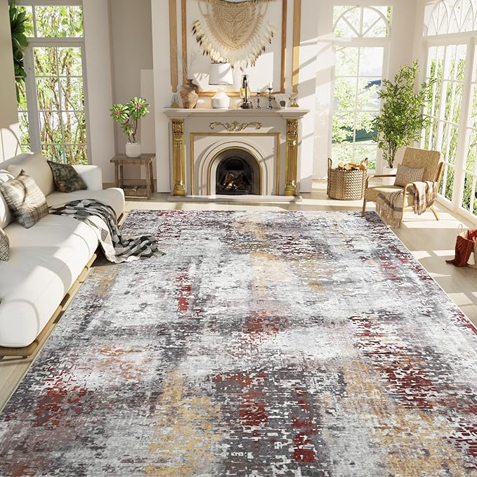 Living Room Rug 9x11 Beige Area Rugs Machine Washable Abstract Boho Large Rug by OmpaaHomeDecor