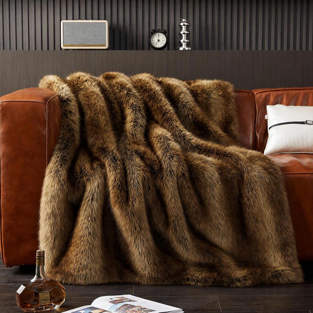 Fluffy Faux Fur Throw Blanket - Thick Warm Blanket 60"x80", Brown