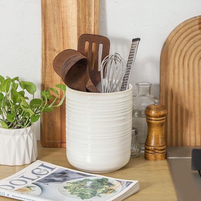 HASENSE Large Utensil Holder, 7.4" x 6.2" Ceramic Utensil Holder - Image 7