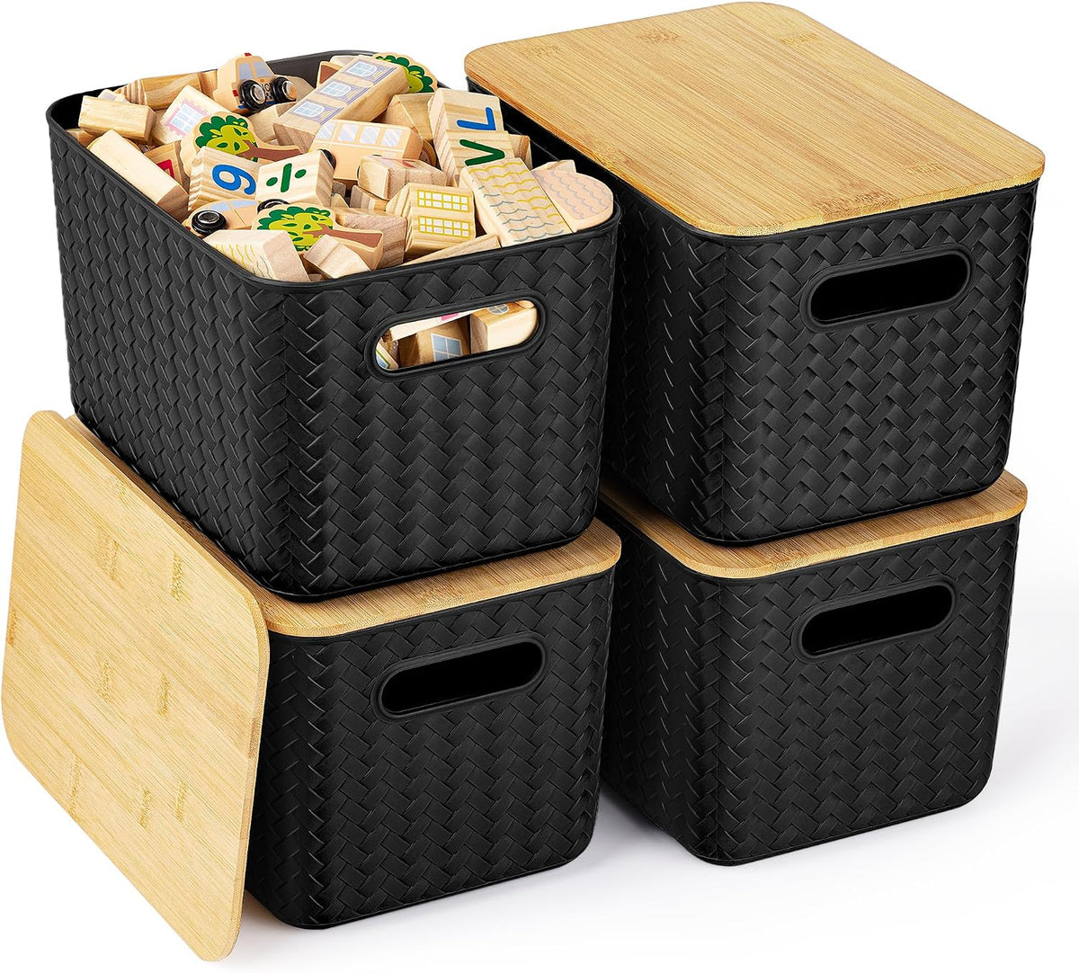 ohmlove 4 pack storage bins with bamboo lids,stackable, main product view