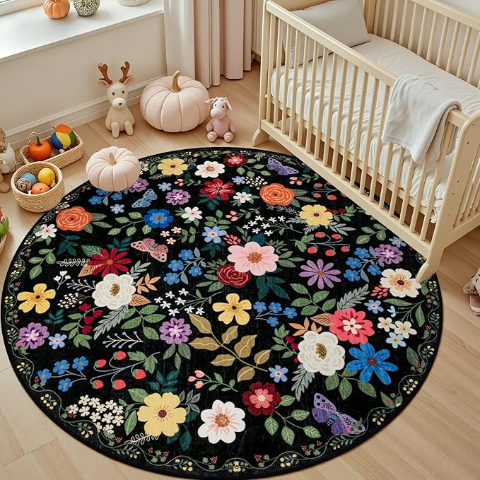 Round Area Rug for Living Room: 6 ft Floral Washable Circle Rug Soft Boho - Image 5