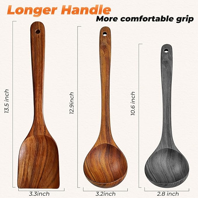 2Pcs Wooden Ladle and Spatula, Natural Acacia Long Handle, Large Capacity - Image 2