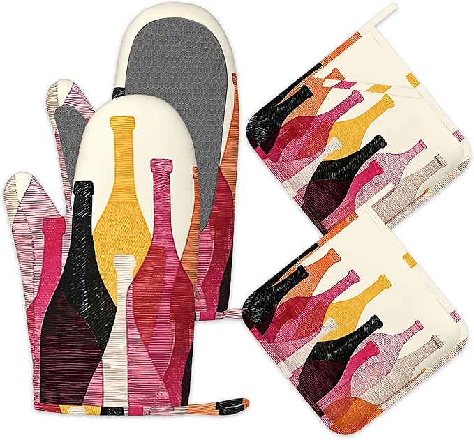 Red Wine Bottle Oven Mitts and Pot Holders Sets, Silicone Kitchen Mitts by Unknown