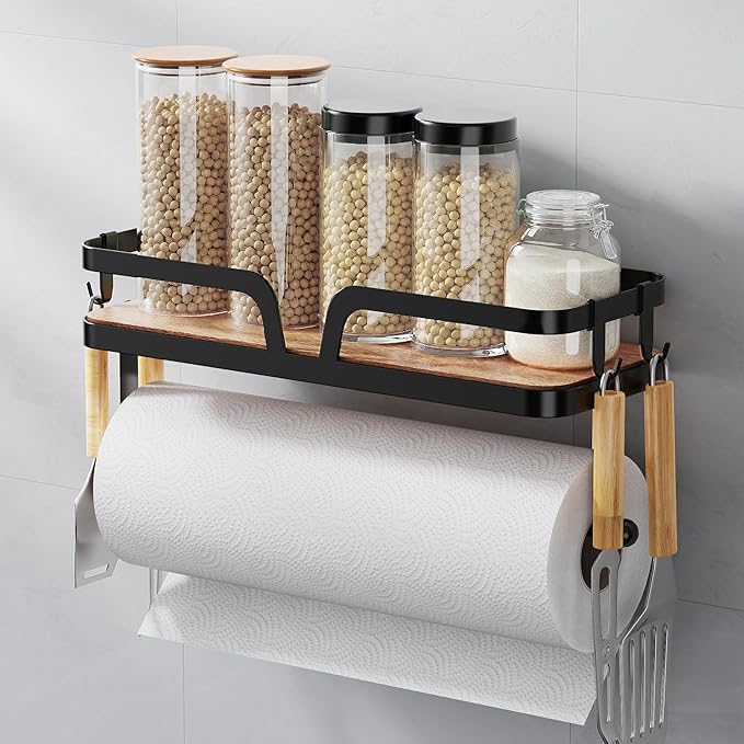 Taozun Paper Towel Holder Wall Mount, Kitchen Paper Holder Spice Rack Black by Taozun