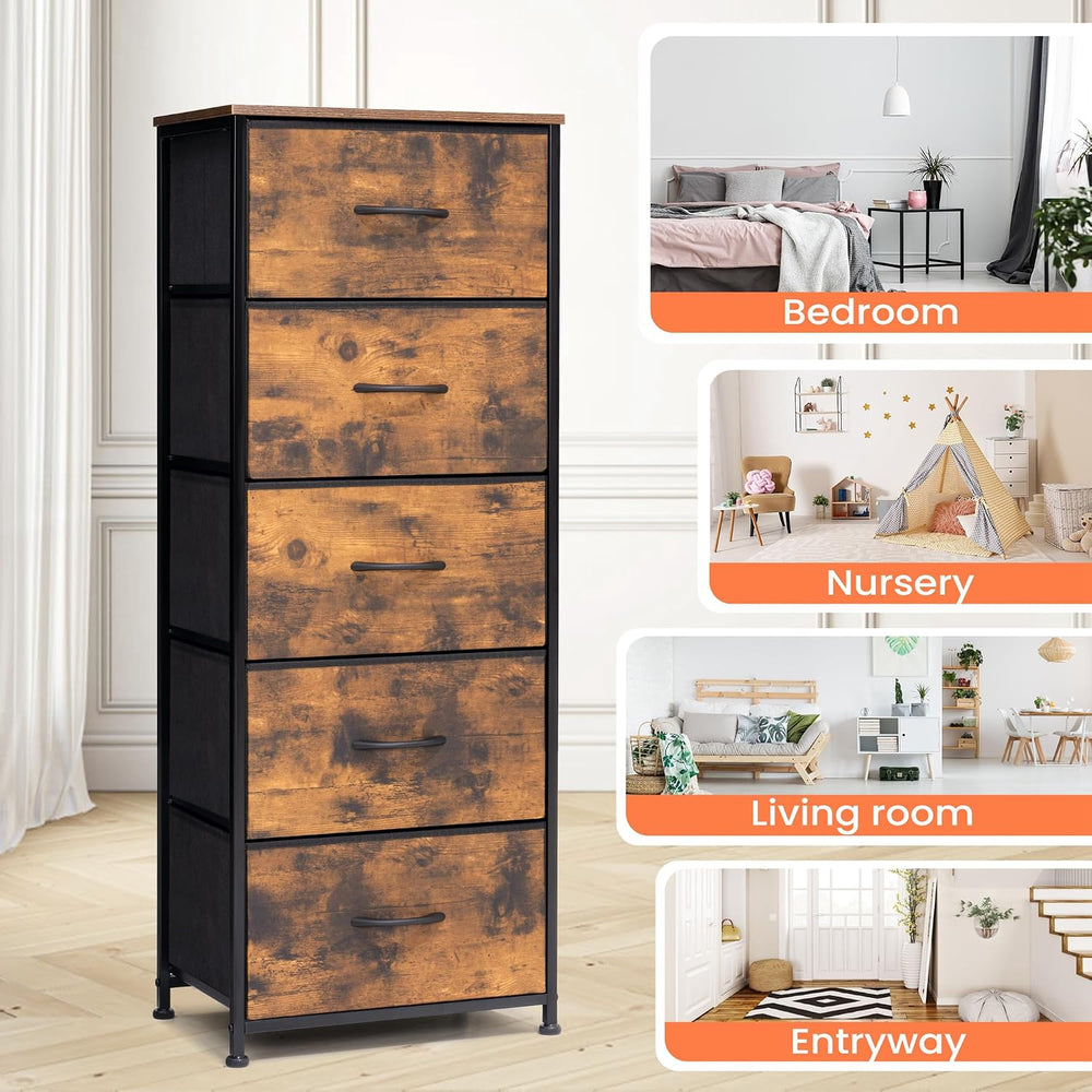 Tall Dresser Vertical Fabric Storage Tower, 5 Drawers (Rustic Brown)