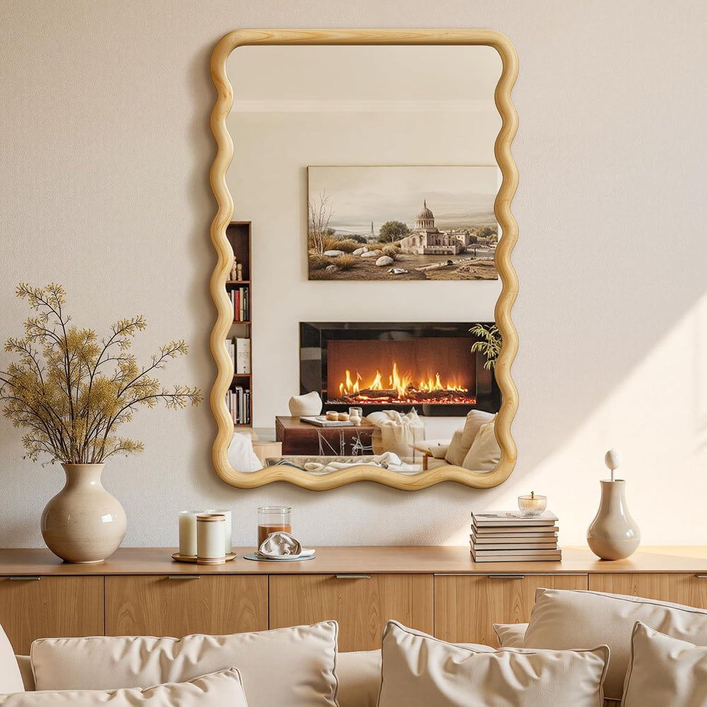 Wavy Wood Bathroom Vanity Mirror, 24"x36" Boho Decorative Wall Mirror