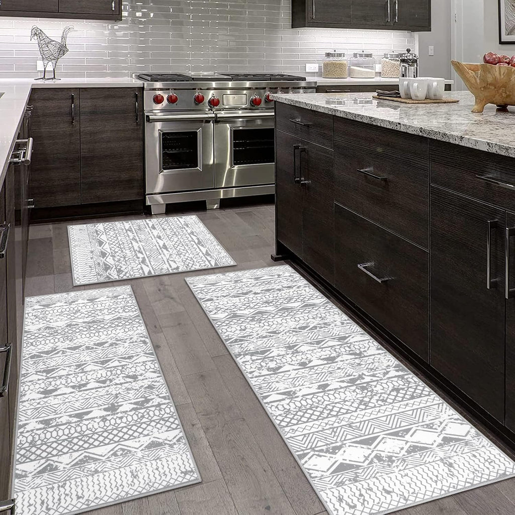 HEBE Boho Kitchen Rugs Set of 3, Non Slip Washable Kitchen Mats for Floor | Farmhouse Kitchen Rug and Runner Set, Soft Vintage Distressed Kitchen Floor Mat Carpet Runners for Hallway, Entryway, Laundry