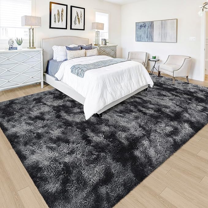 Black Grey Tie-Dyed Rug for Living Room 6x9 Fluffy Area Rug Mat Bedside Throw - Image 4