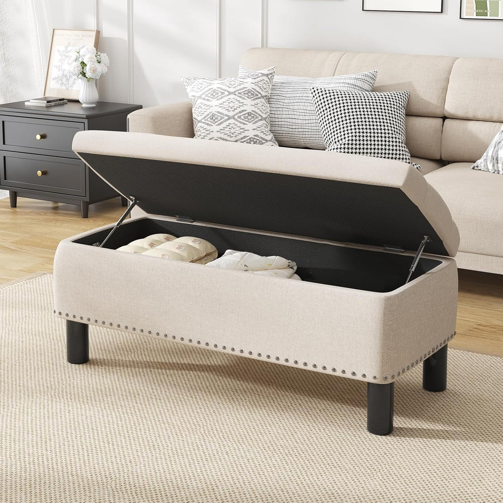 Furniliving Large Storage Ottoman, Beige, Wood Frame, Linen Fabric, 285 Lbs C...