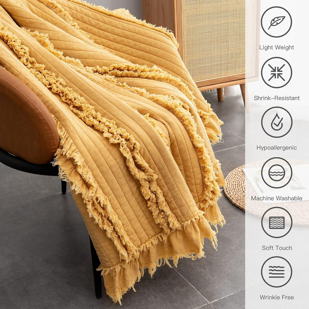 Ultra Soft Pre-Washed Warm Quilted Throw Blanket, Ruffle Fringed Yellow Boho ...