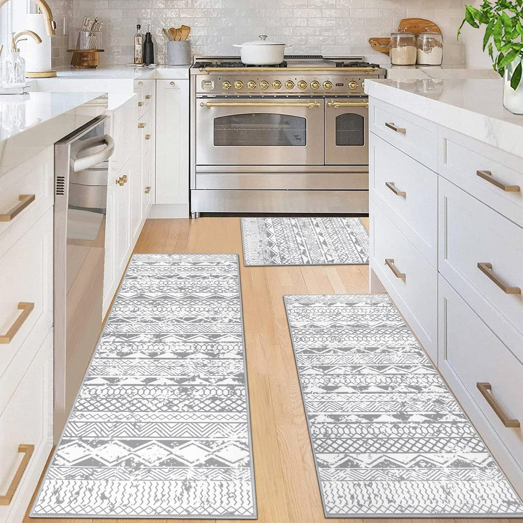 HEBE Boho Kitchen Rugs Set of 3, Non Slip Washable Kitchen Mats for Floor | Farmhouse Kitchen Rug and Runner Set, Soft Vintage Distressed Kitchen Floor Mat Carpet Runners for Hallway, Entryway, Laundry