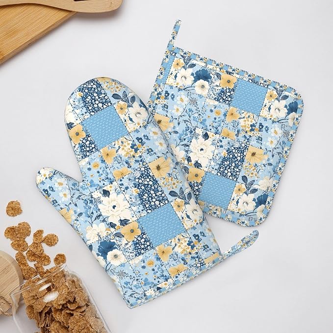 Oven Mitts and Pot Holders Floral Blue Pastel Vintage Silicone Kitchen - Image 6