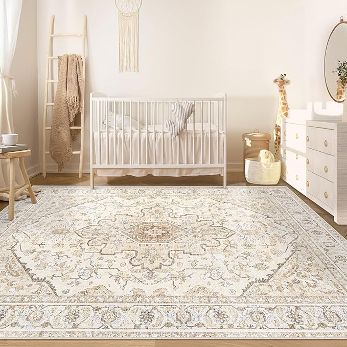 Area Rugs 5x7 Vintage Rug: Washable Living Room Rug Retro Medallion Distressed - Image 3