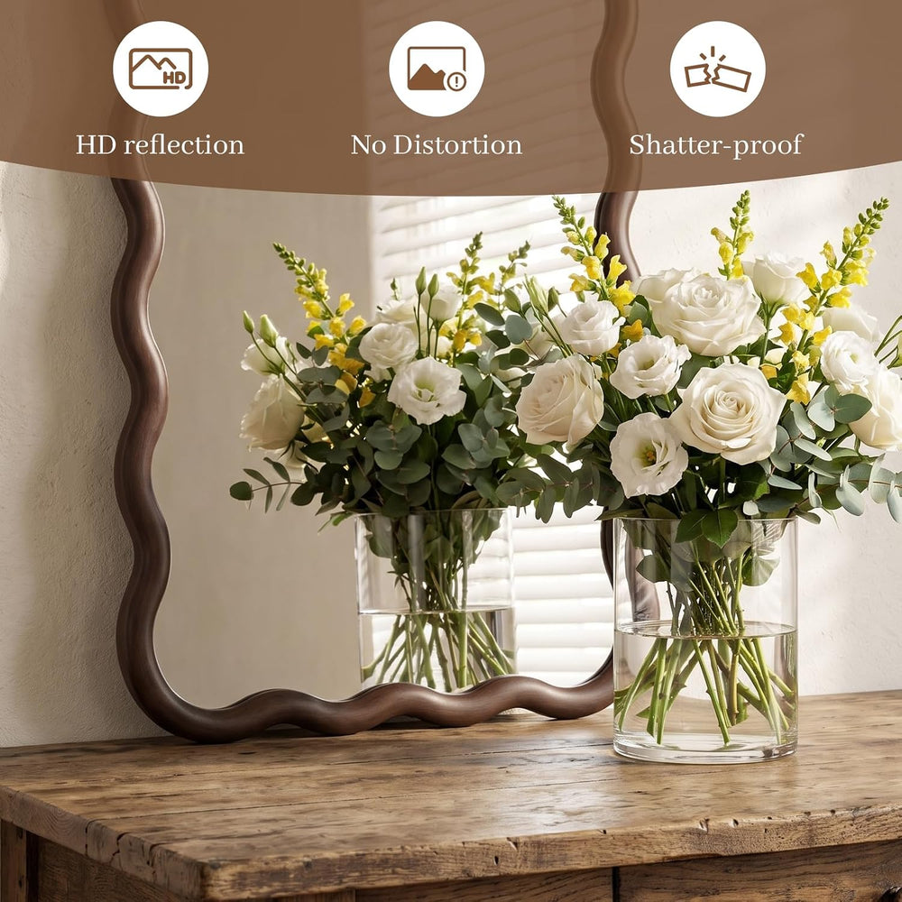 22"x30" Wavy Wood Mirror, Rectangular Wall Mirror with Natural Wood...