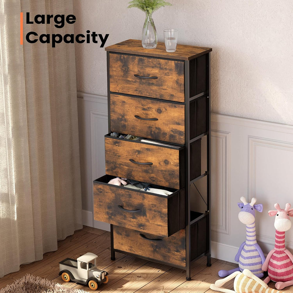 Tall Dresser Vertical Fabric Storage Tower, 5 Drawers (Rustic Brown)