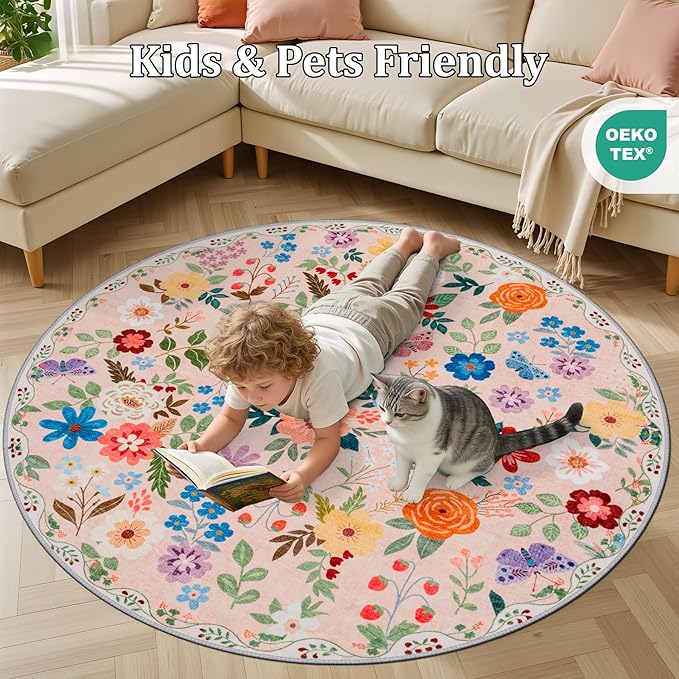 Round Area Rug for Living Room: 6 ft Floral Washable Circle Rug Soft Boho - Image 8