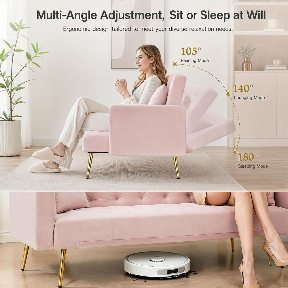 71" Pink Velvet Sofa Bed, Convertible Futon Couch, Adjustable Back