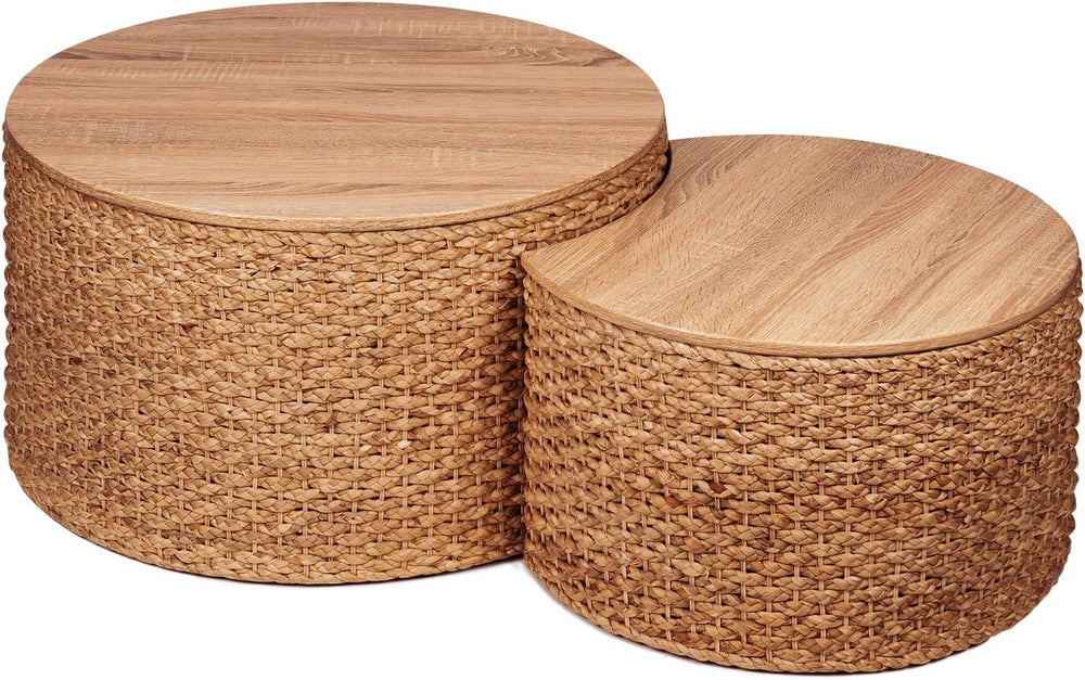 Round Nesting Coffee Table Set of 2 with Storage - Handwoven Wicker Rattan Ot...