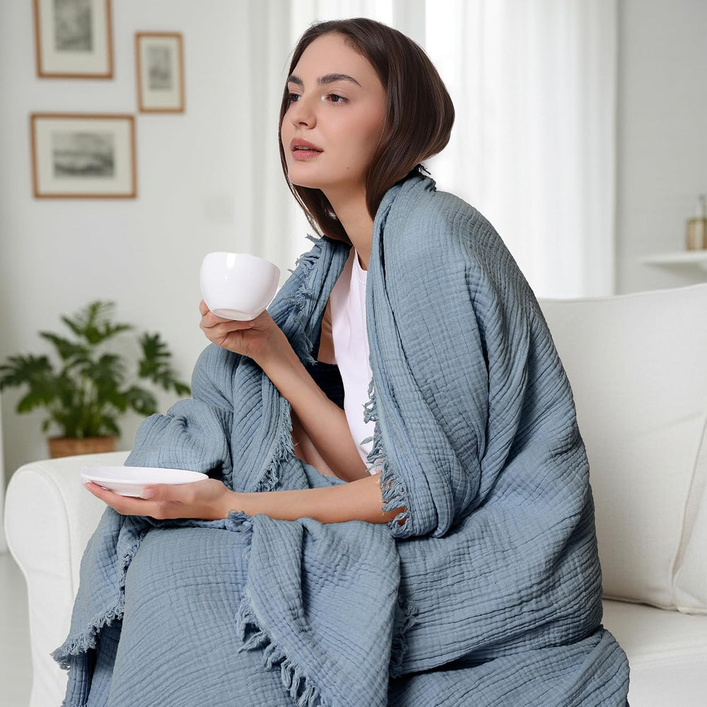 WDCOZY 100% Cotton Muslin Blanket King Size 4-Layer for Bed Breathable Lightw...