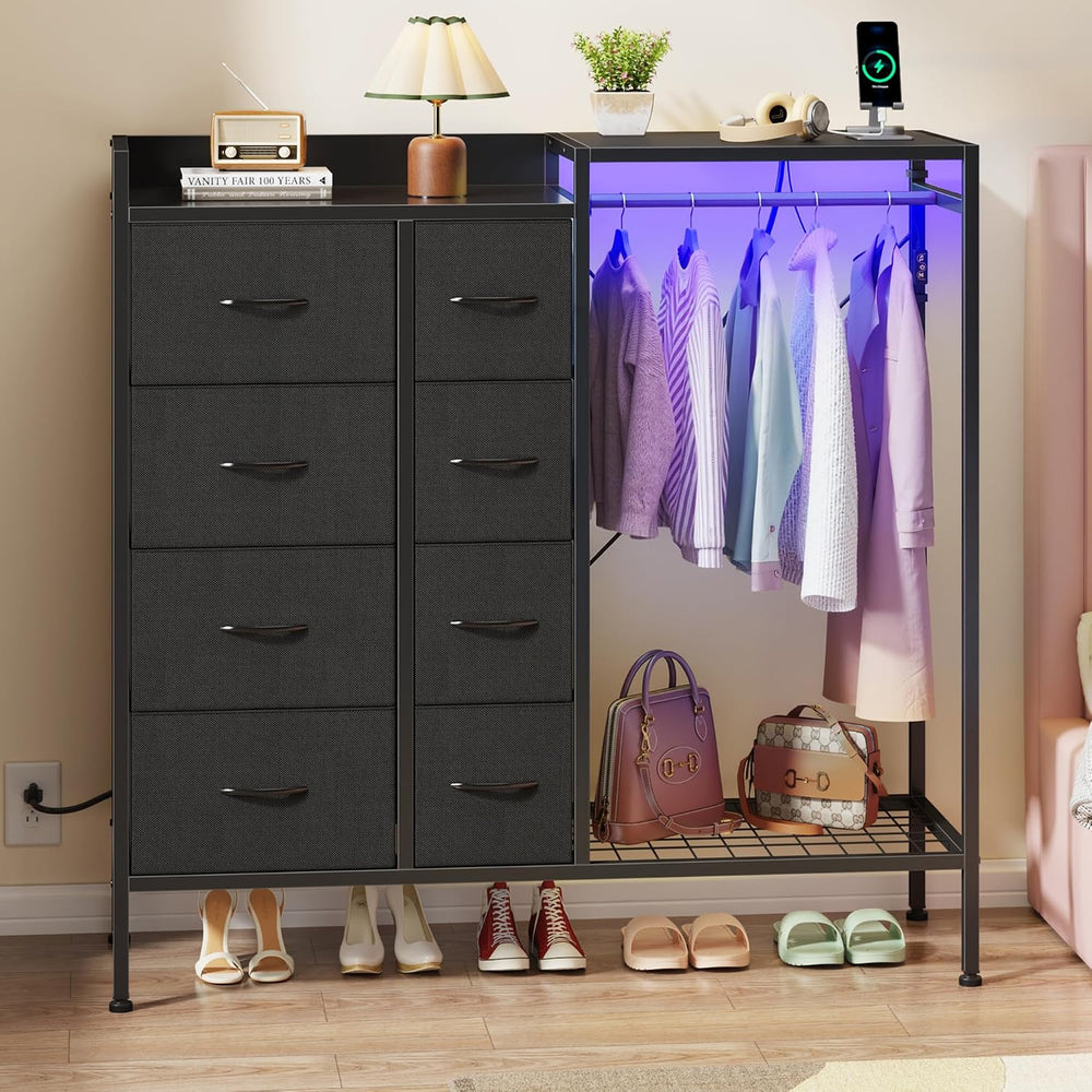 HIGDBFE 8-Drawer Dresser with Hanging Rack for Bedroom, Black, 11.8" D