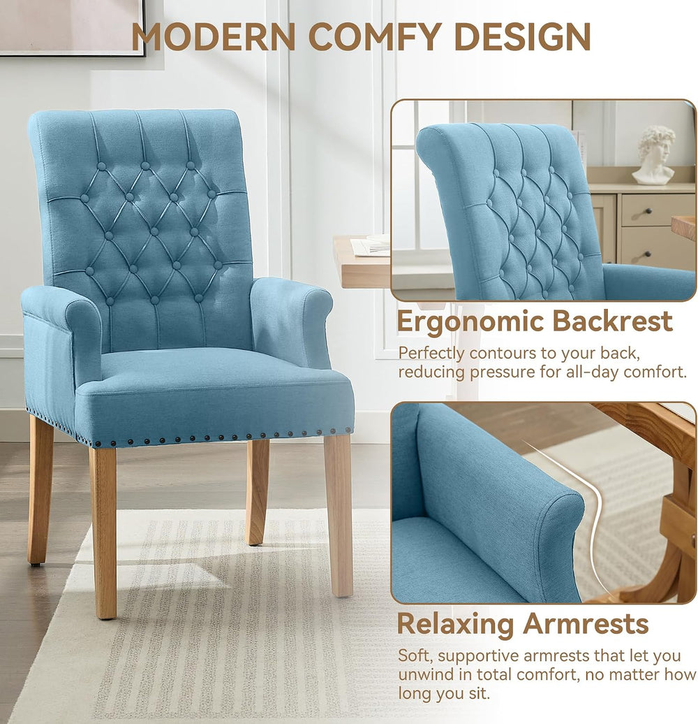 Dining Chair with Arms, Upholstered High Back Dining Room Chairs, Blue